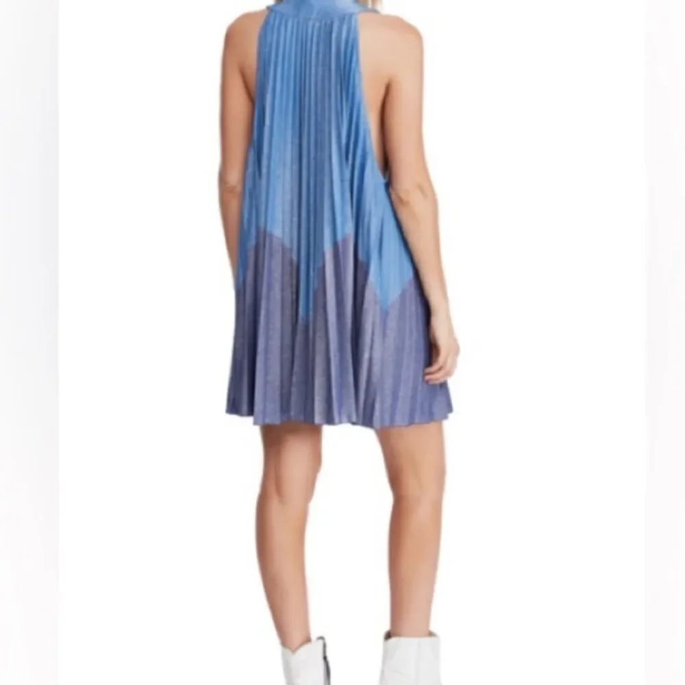 NWOT Free People Pleated Love Blue Metallic Mini Dress Medium